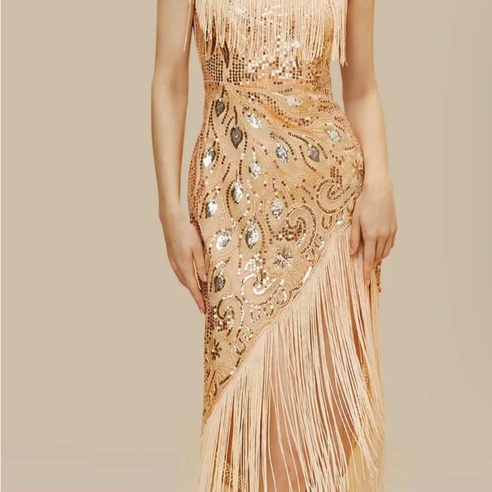 Elegant Sequin Fringe Dress in Gold